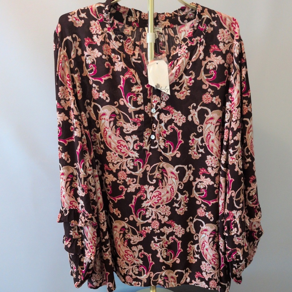 NWT Wonderly Blouse Women 3X Brown Pink Paisley Ruffle Sleeve Boho Peasant Top